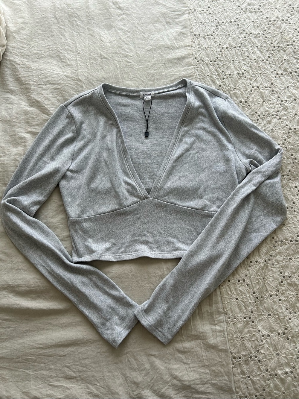 Garage Light Gray Deep V Cropped Long Sleeve Top